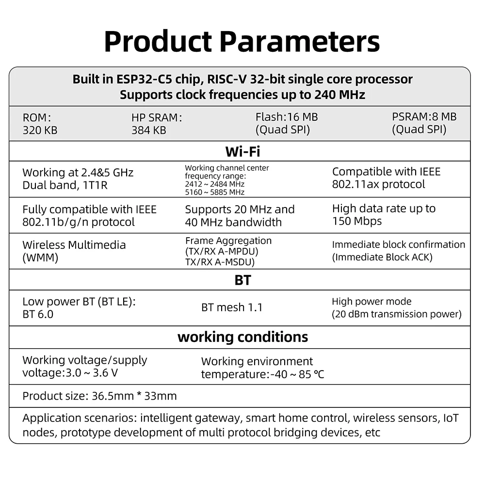 ESP32-C5-N16R8 BLE Entwicklungsboard Modul CH340C Chip Typ-C Schnittstelle Elektronik-Kit für Arduino – Detail 9