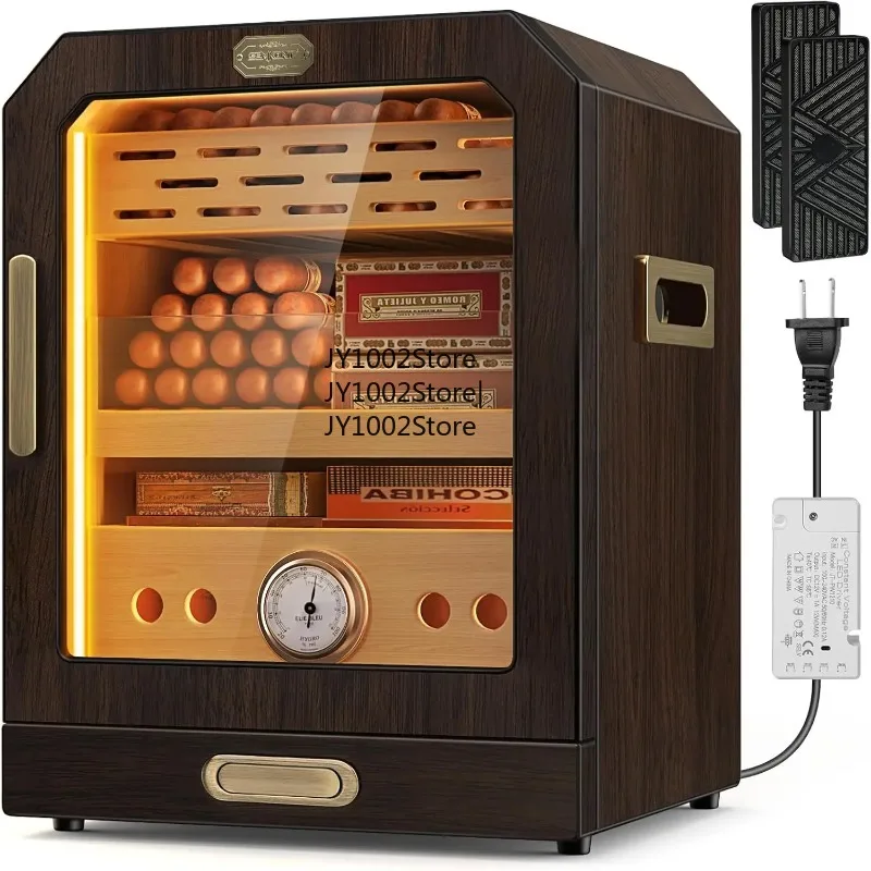 Cigar Humidor, Lighted Control Door, with Cigar Accessory Drawer and 2 humidifiers 3 Layer Large Capacity Storage
