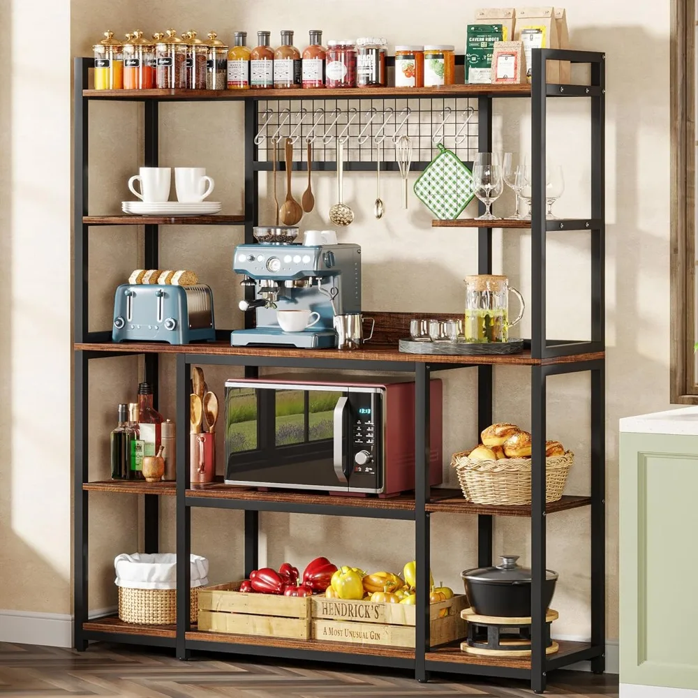 

Large Bakers Rack, 55" Wide Kitchen Hutch Cabinet Microwave Stand with 11 Hooks, 5-Tier Baker’s Rack Kitchen Storage Shelf with