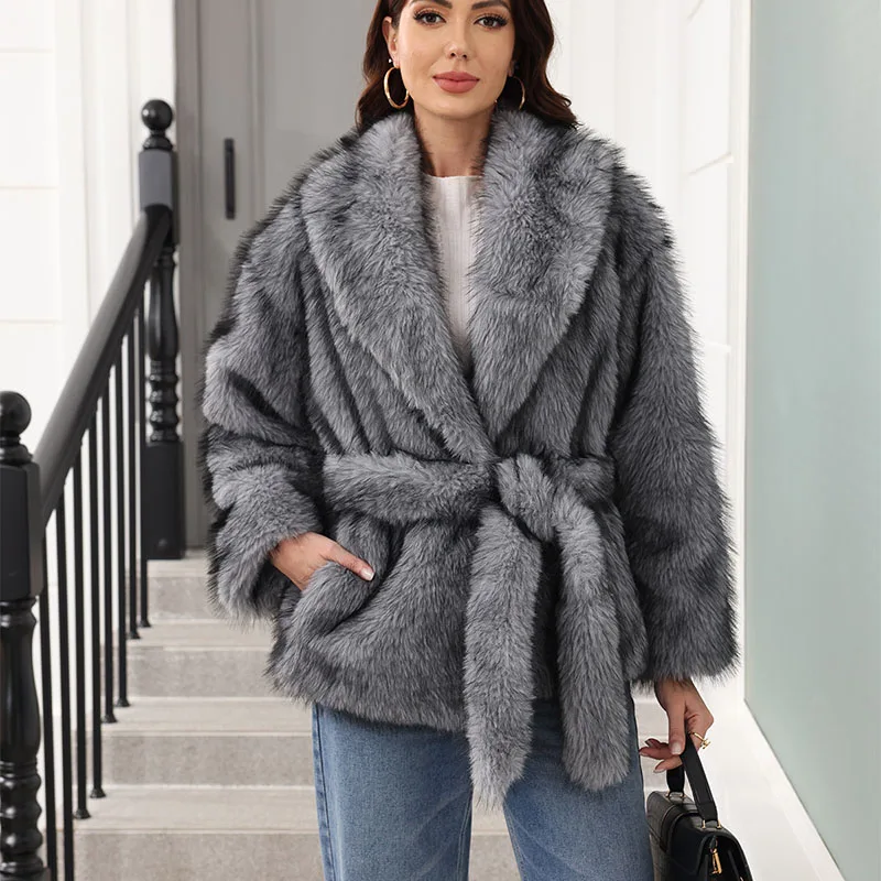 

Winter Women For Coat 2025 Women Imitation Fox Fur Faux Fur New Faux Fox Fur Coat Elegance Belt Leisure Thick Warm Women H551