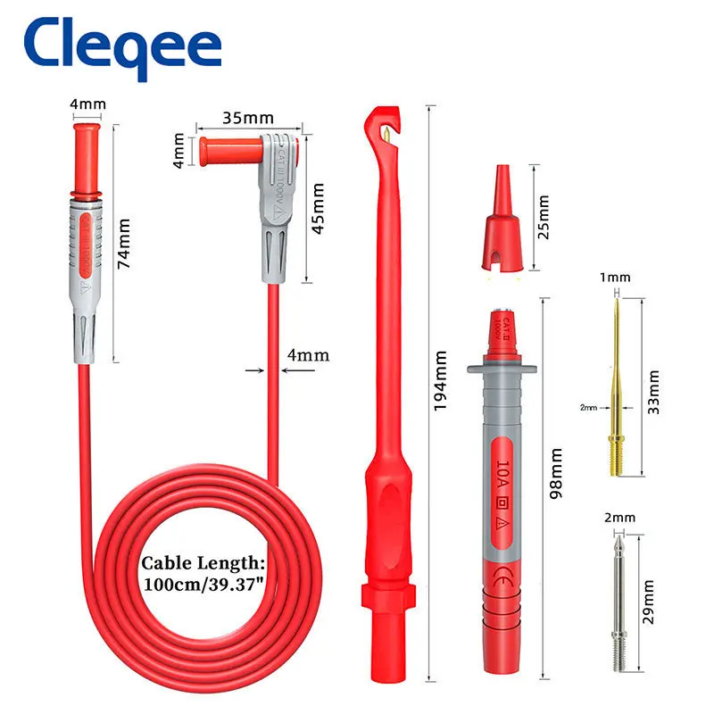 Cleqee P1033B Zestaw automatycznych sond testowych z haczykiem do przekłuwania drutu Zacisk 4 mm Wtyczka bananowa Multimetr Przewody pomiarowe Przebicie sondy