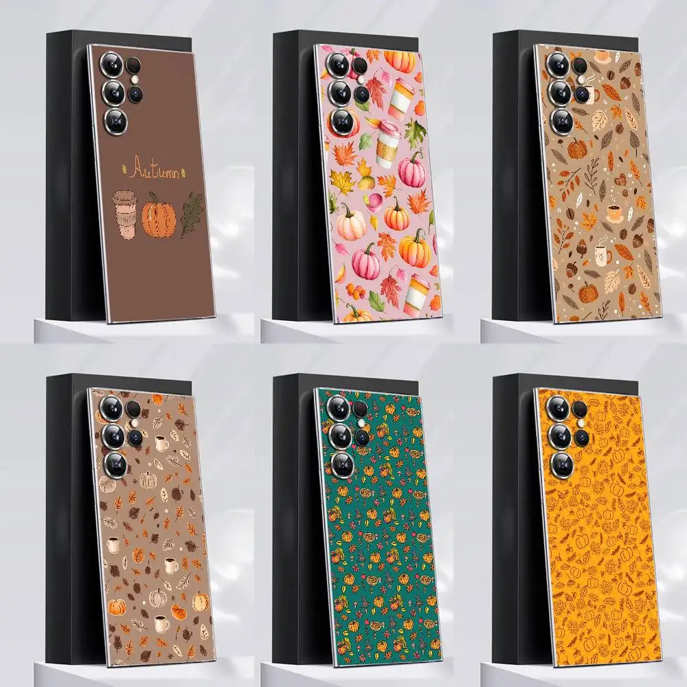 

Autumn Leaves Pumpkin Coffee Phone Case For Samsung S24,30,21,22,23,20 FE,lite,PIus,Ultra,5G,Note,9,10 Transparent Cover