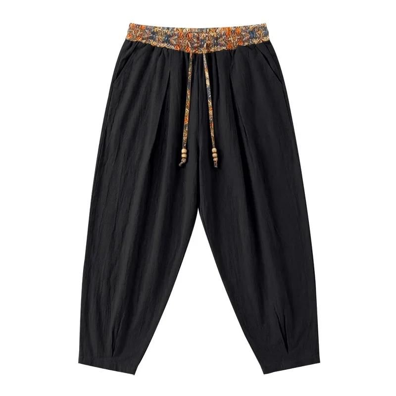 Herren 95% Leinen Haremshose Boho Blumenmuster Kordelzug Taille Lässige Weite Hose Strand Urlaub Knöchellange Hose – Detail 27
