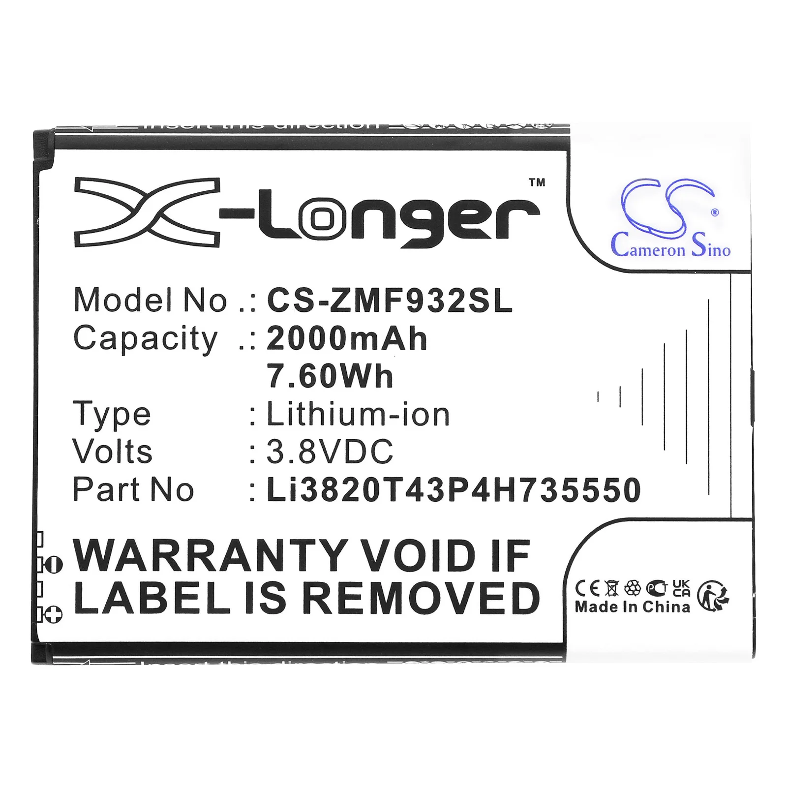 CS Replacement Battery for ZTE WiFi5 MF932 PN:Li3820T43P4H735550 2000mAh / 7.6Wh