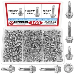 160pcs 410 Stainless Steel #10 Hex Head Self Tapping Screws Assortment #10 Hex Head Self Drilling Screws, Rust Proof Wood Screws