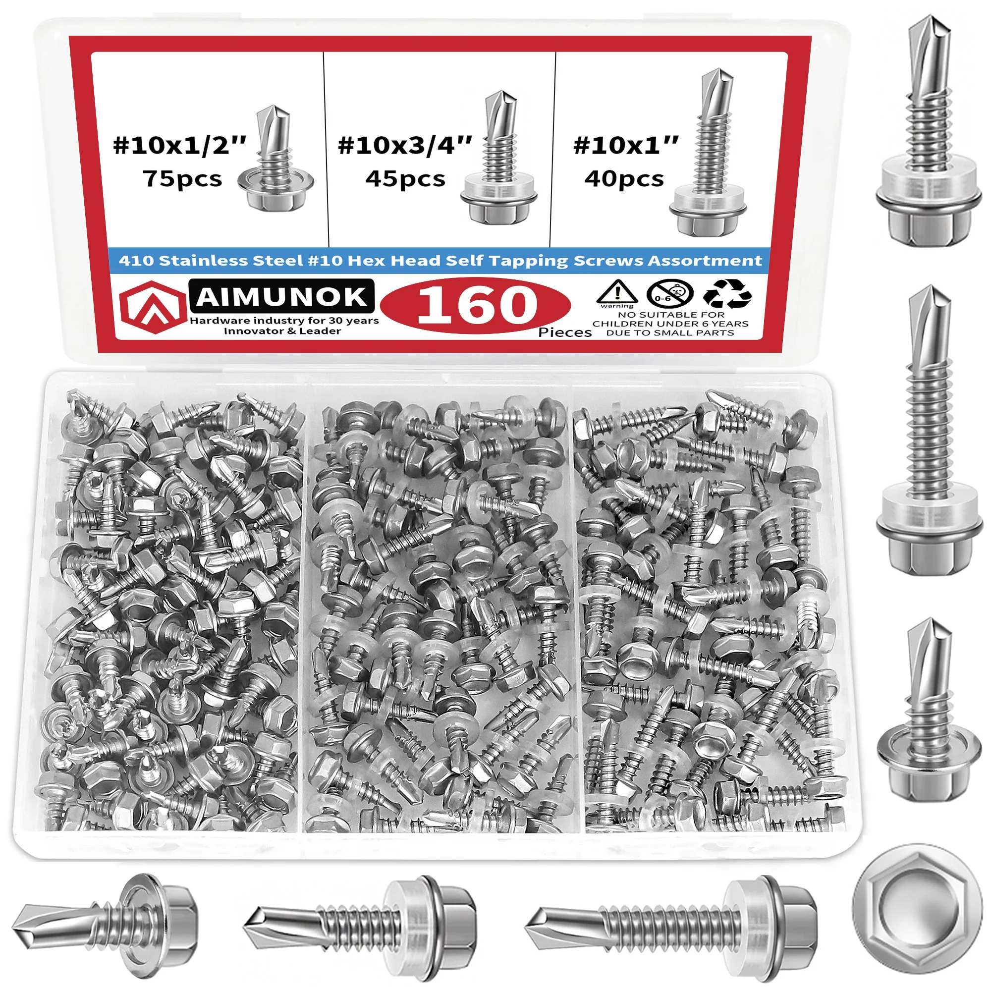 160pcs 410 Stainless Steel #10 Hex Head Self Tapping Screws Assortment #10 Hex Head Self Drilling Screws, Rust Proof Wood Screws