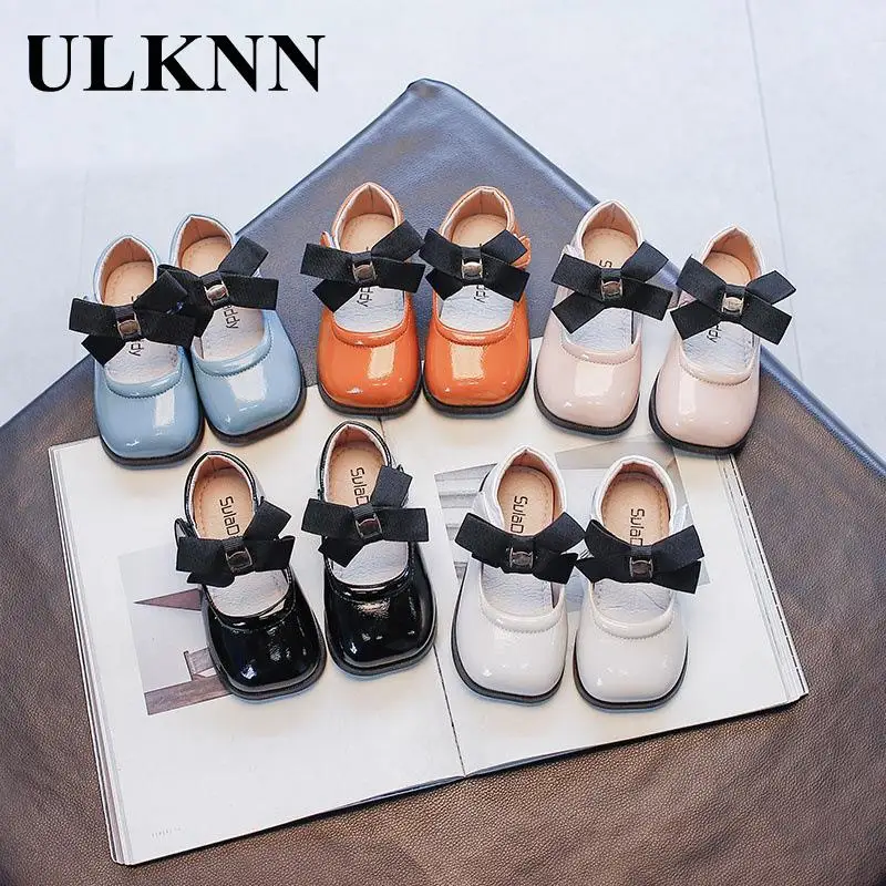 Orange Girls Fashion Leather Shoes New Spring 2023 Blue Soft Bottom Student Shoes Pure Color Sheet Kid's Flats Bow