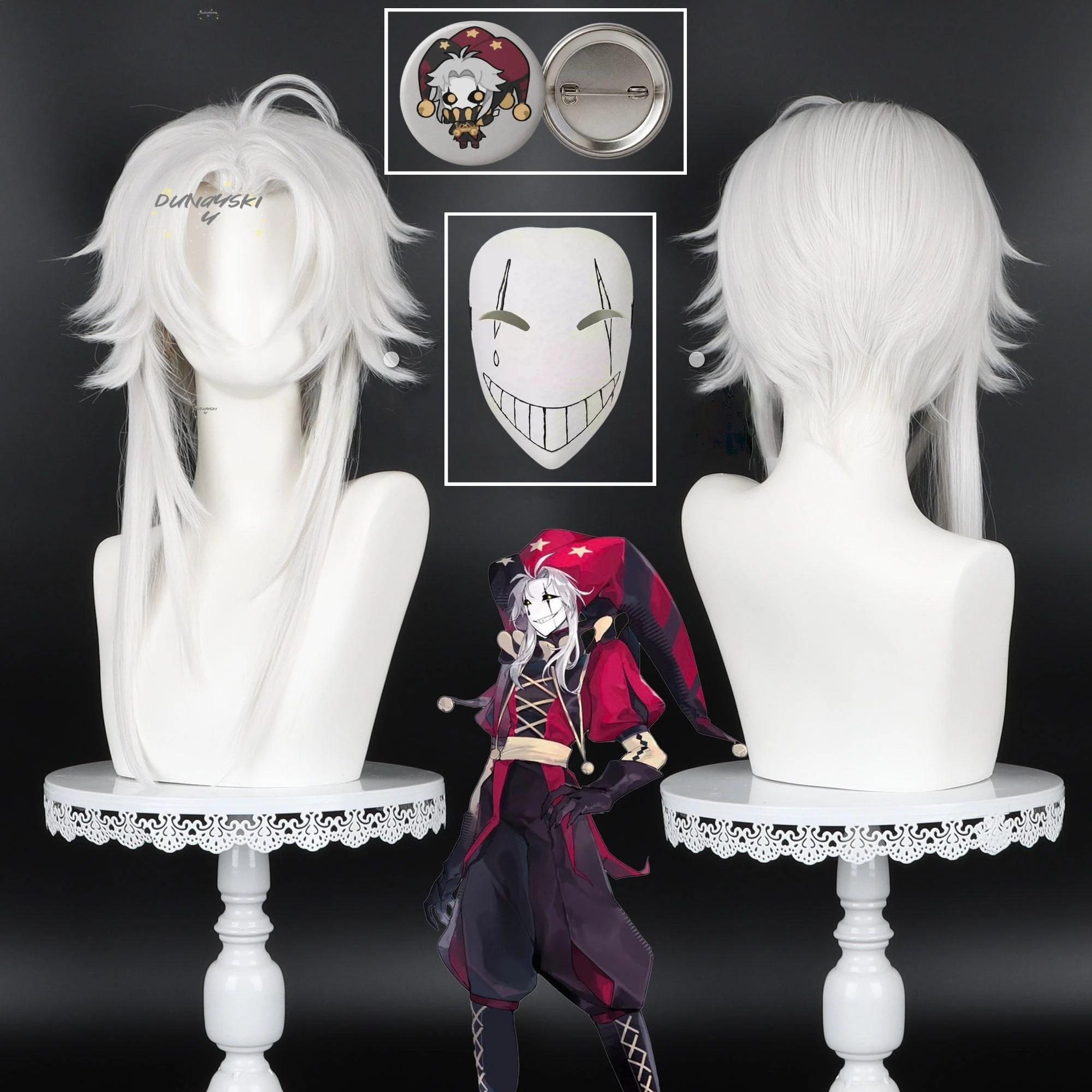 Anime The Freak Pierrot Cosplay Perücke, langes silberweißes kurzes Haar, hitzebeständige synthetische Perücken, Halloween-Zirkus-Requisite