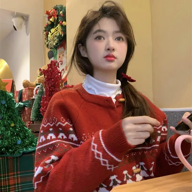 Fair Isle Jacquard Damen Strickjacke Pullover Strickwaren Mädchen Rundhals Kapuzenpullover Herbst Winter Adrette Top Mantel