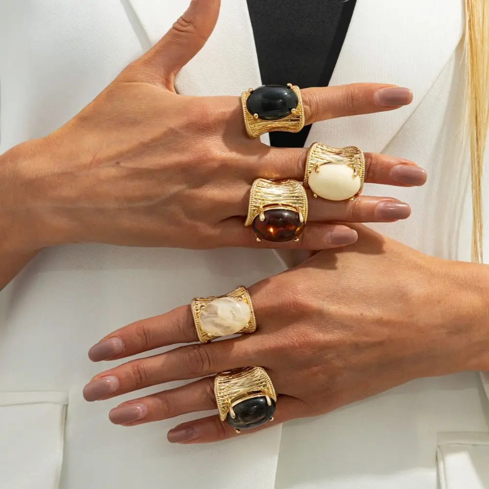 Alloy Chunky Metal Ring Exaggerated Vintage Style Geometric Metal Ring Metal Stripe Imitation Gemstone Opening Ring