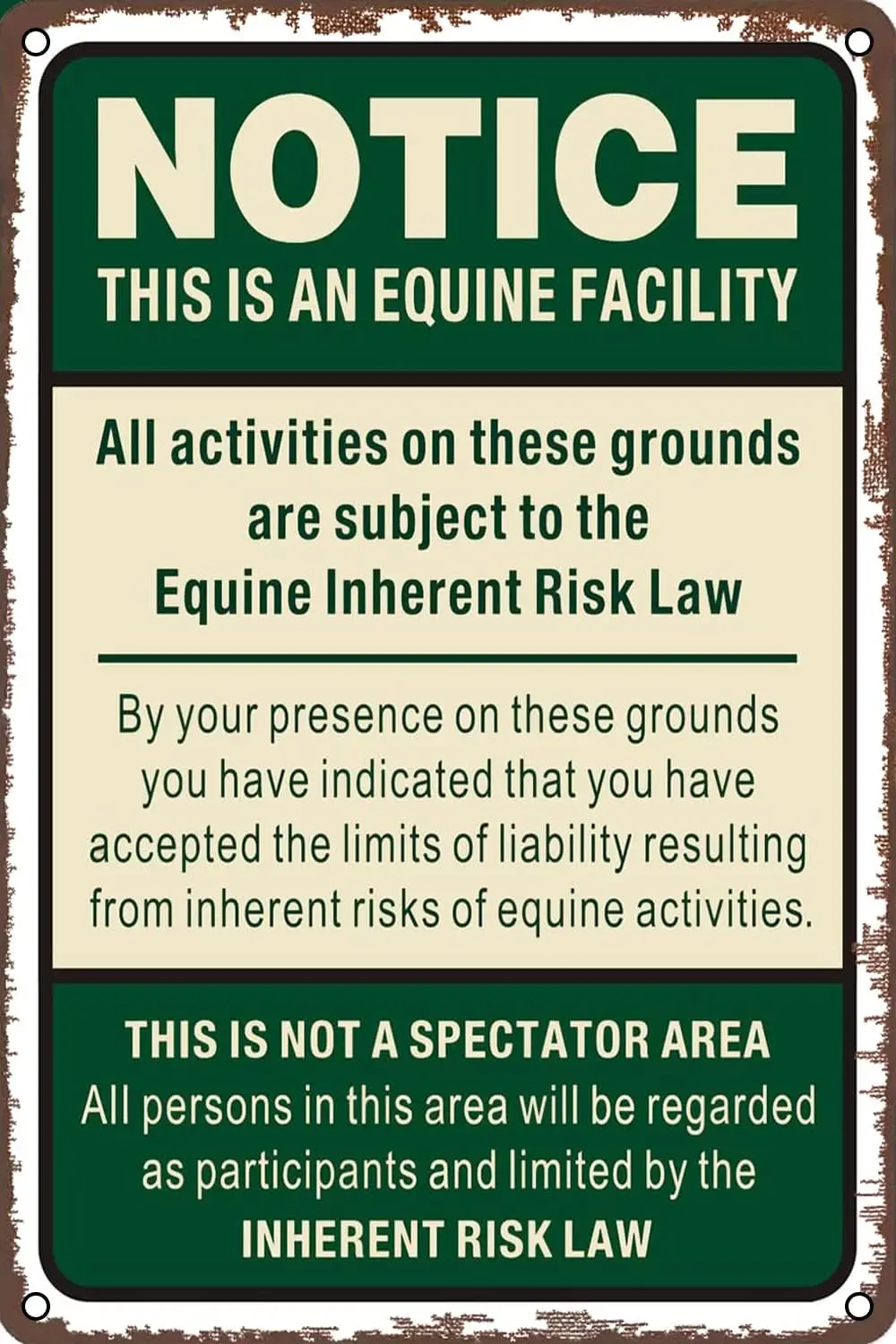 Equine Liability Signs Statute Horse Barn Stable Farm Metal Sign Retro Wall Decor for Home Garden Man Cave Bars Restaurants Cafe