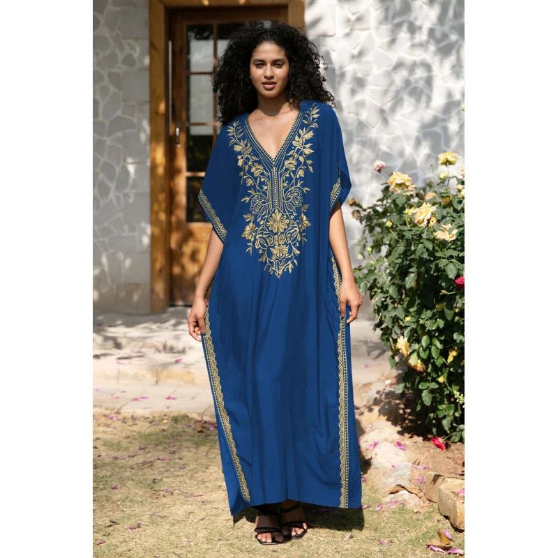 Women's Summer Beach Dress Long Maxi Dress Embroidered Chiffon Cover Up for Bikini Plus Size Vacation Casual Sundress at Seaside