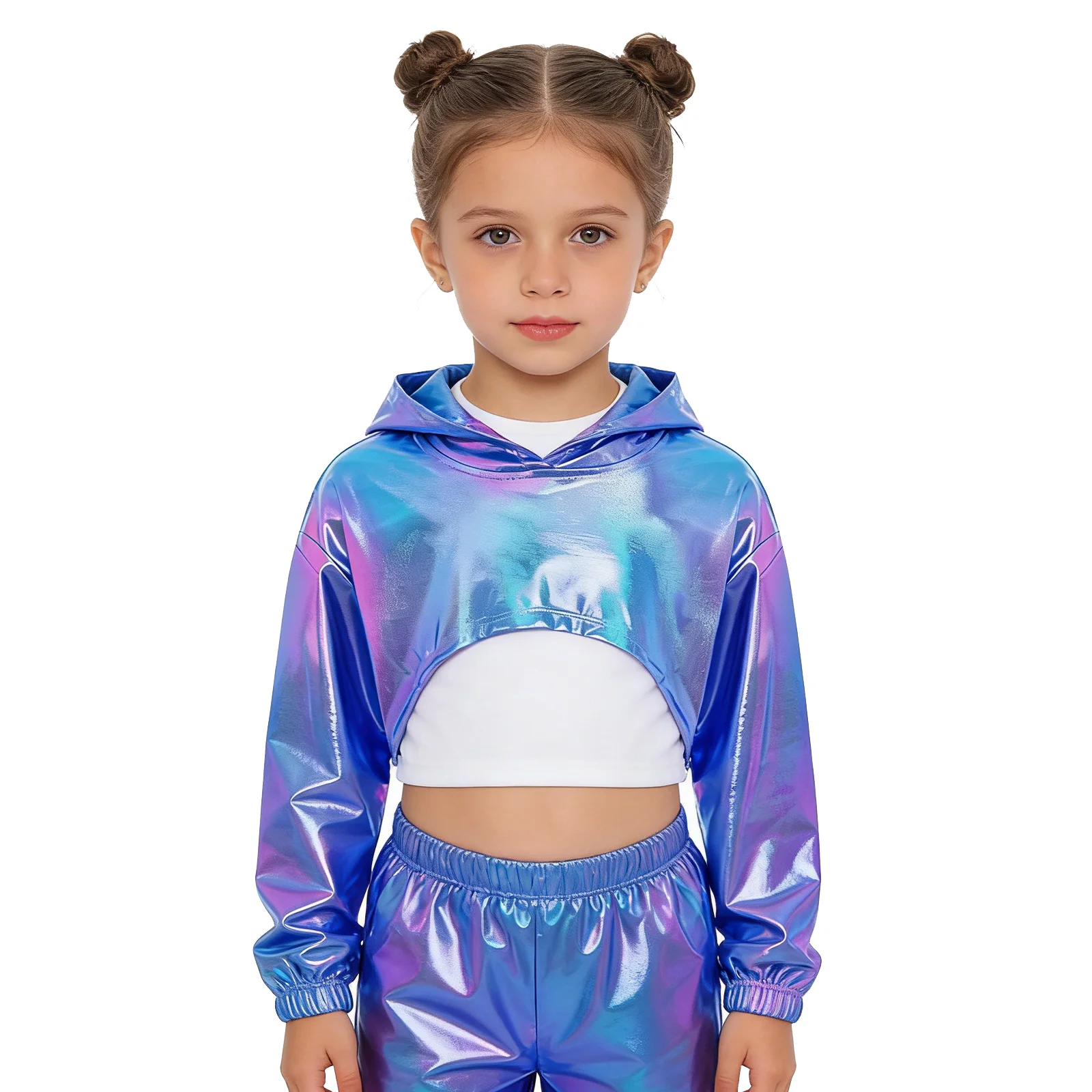 Kids Girls Shiny Hip-Hop Jazz Dance Performance Costume Holographic Hem Metallic Hoodie Long Sleeve Cropped Hooded Jacket Top