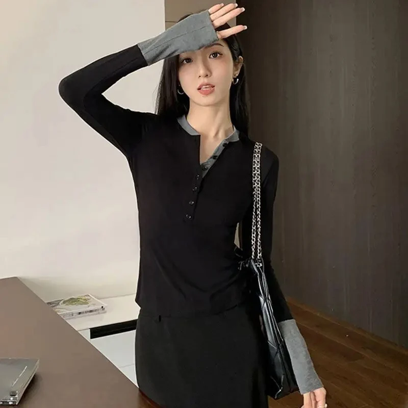 تي شيرت المرأة الخريف موضة جديدة كم طويل سليم تمتد زر المرقعة خمر Y2k بلايز السيدات عادية تي شيرت