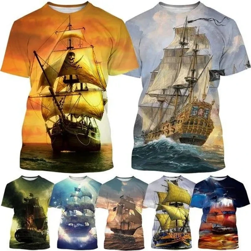 New 3D Printing Pirate Ship Print T-shirts Men\'s Casual Short-sleeved Personality Cool Street Style T Shirt Top Oversized Tees