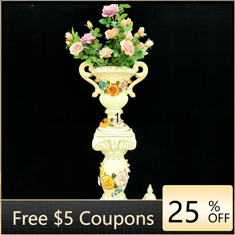 DSA Ceramic Floor Vase Ornament European Style Living Room TV Cabinet Entrance Decoration Relief Gilded Vase