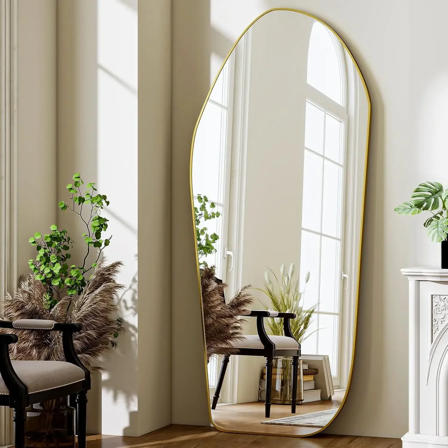 

Gold Irregular Diamond Shape Floor Mirror 76 Inch By 34 Inch Aluminum Frame Standing Hanging Full Length Mirror For Bedroom Livi