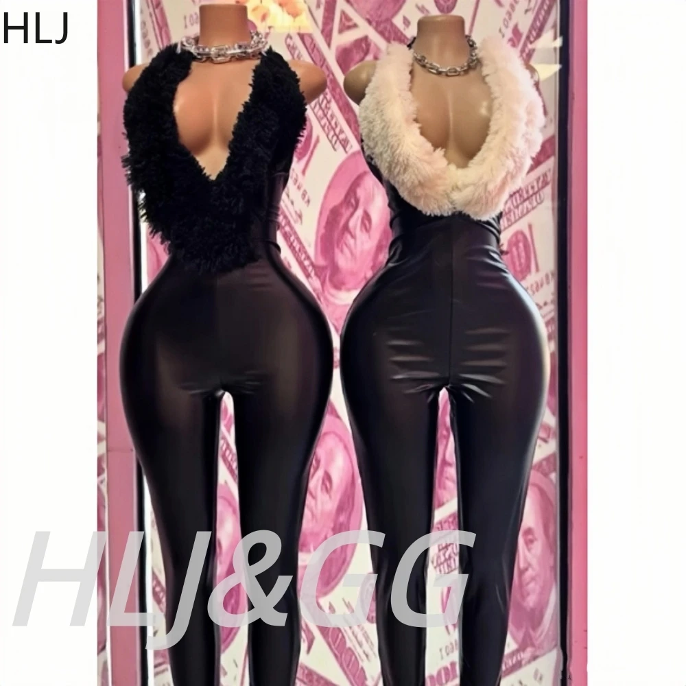 

Сексуальный комбинезон-халтер HLJ с меховыми вставками, без рукавов, с открытой спиной, облегающий, из кожи, модный, 2026