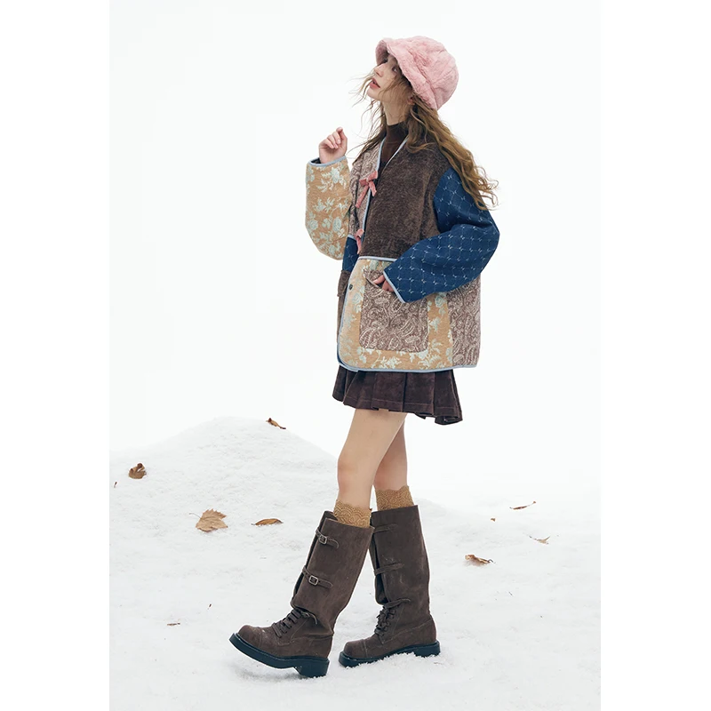 ELFSACK 2025 Winter New Arrivals Y2K Preppy Casual Pattern Patchwork Bow Button V Neck Coat For Women