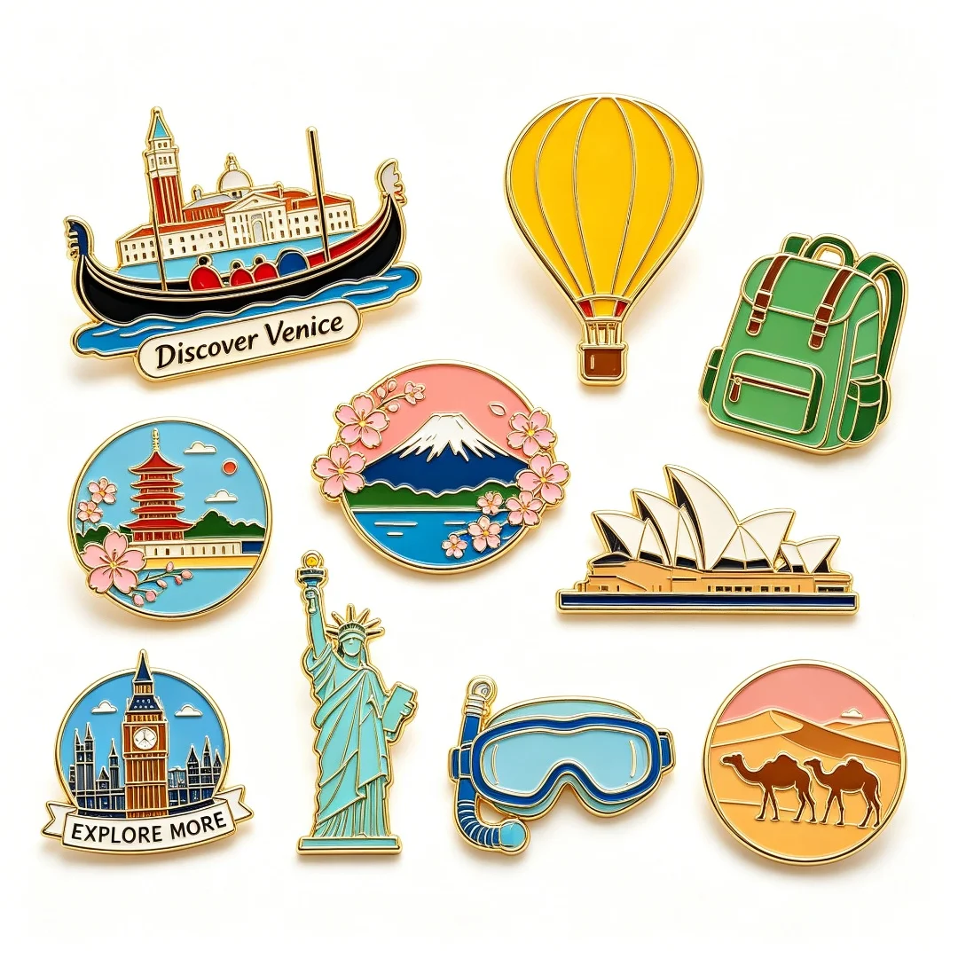 Custom Metal Enamel Badge Outdoor Travel Camping Landscape Hard Enamel Decorative Lapel Brooch Souvenir Gift