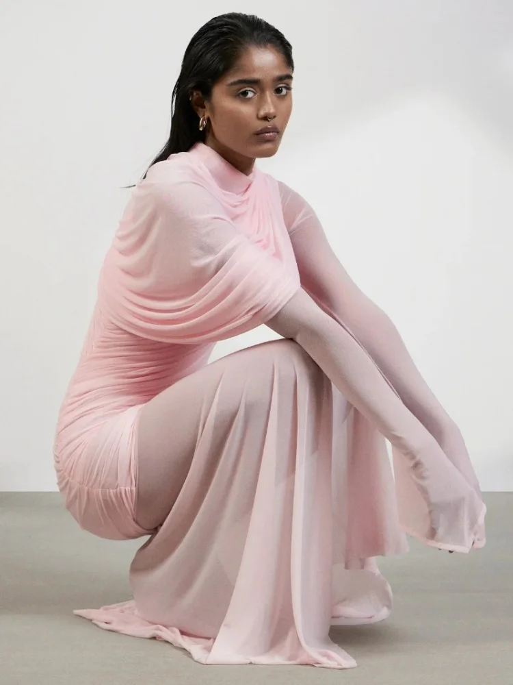 Elegante vestido largo fruncido rosa transparente con mangas largas – Vestido de noche transparente femenino para eventos formales y fiestas nocturnas