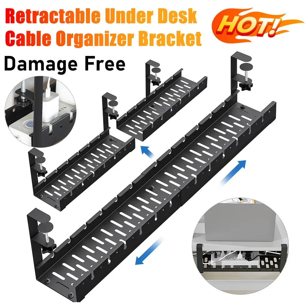 

Under Desk Cable Management Bracket Retractable Cable Cord Organizer Damage Free No Drilling Extendable Clamp Storage Holder