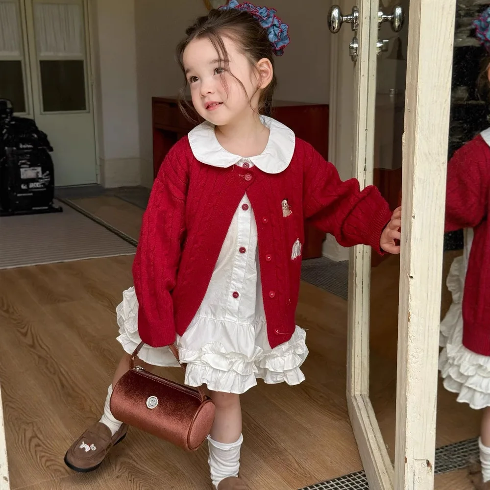 

Embroidered Knitted Cardigan Collar Sweater Shirt Cotton Dress Red Coats White Skirt Baby Girl 2025 Autumn New Item Clothes