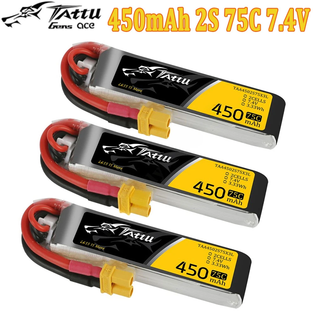 3PCS  TATTU 450mAh 75C 7.4V 2S Lipo Battery With XT30 Plug for RC FPV Racing Drone Quadcopter