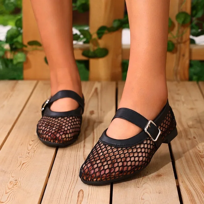 Round Head Mesh One-line Buckle Ballet Single Shoes New Full Flash Flat Hollow Mary Jane Sandals Fishnet Shoes