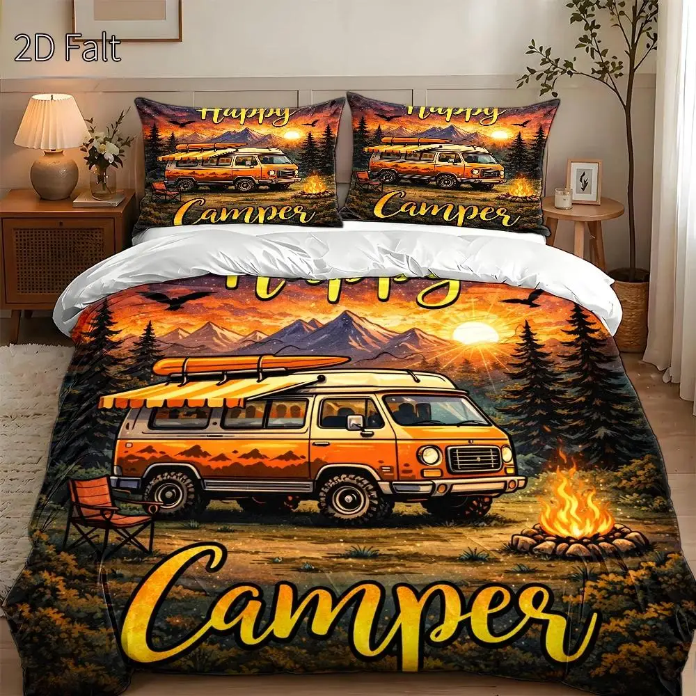 3-Piece Quilt Cover Set, 1 Quilt Cover + 2 Pillowcases (Without Filling) 2D Flat Printing, Camping Theme, Retro Style, Outdoor Festival, Leisure Style, Three-Piece Quilt Cover Set, Three-Piece Bedding Set, Quilt Cover Set, Large Quilt Cover Set, Suitable for All Seasons, Machine Washable, Invisible Zipper, Suitable for Home, Dormitory, Master Bedroom, Guest Room