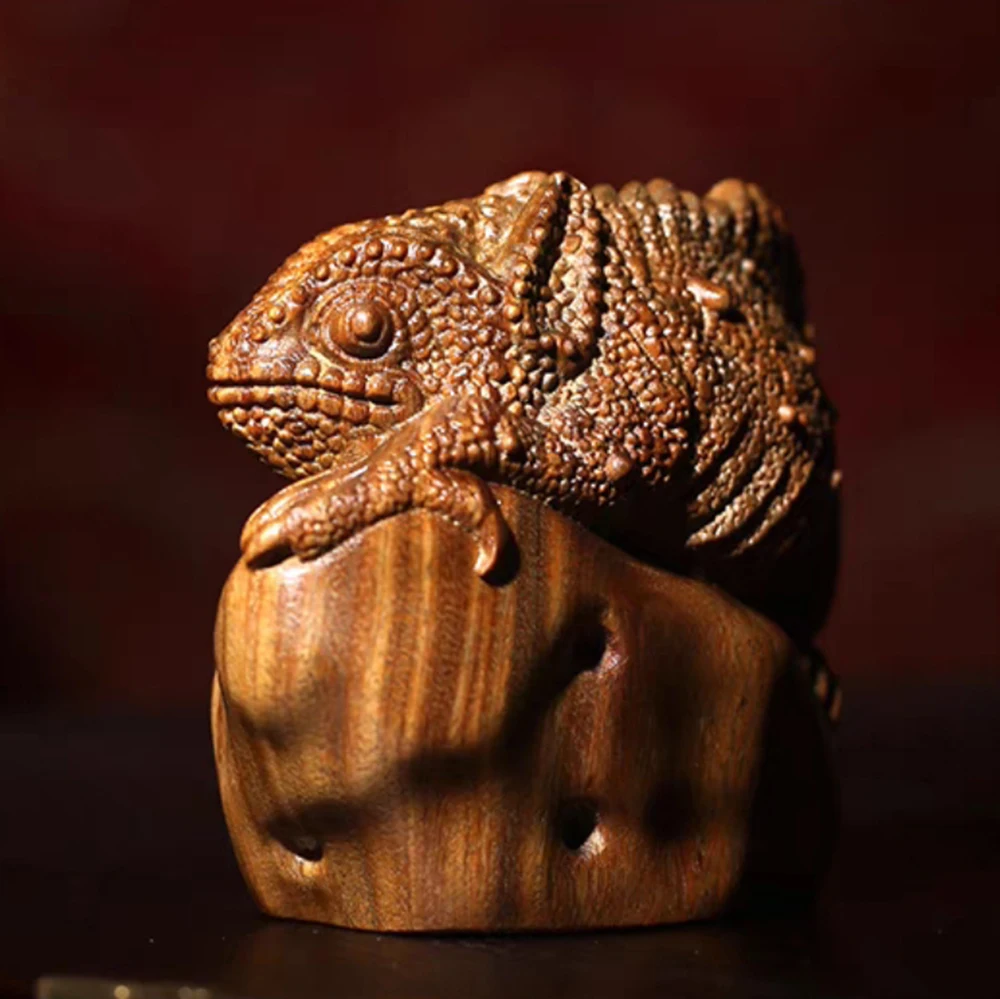 JW88- 7.6 CM Lovely Chameleon Green Sandalwood Sculpture Animal Decoration Craft Gift Miniatur Ornaments