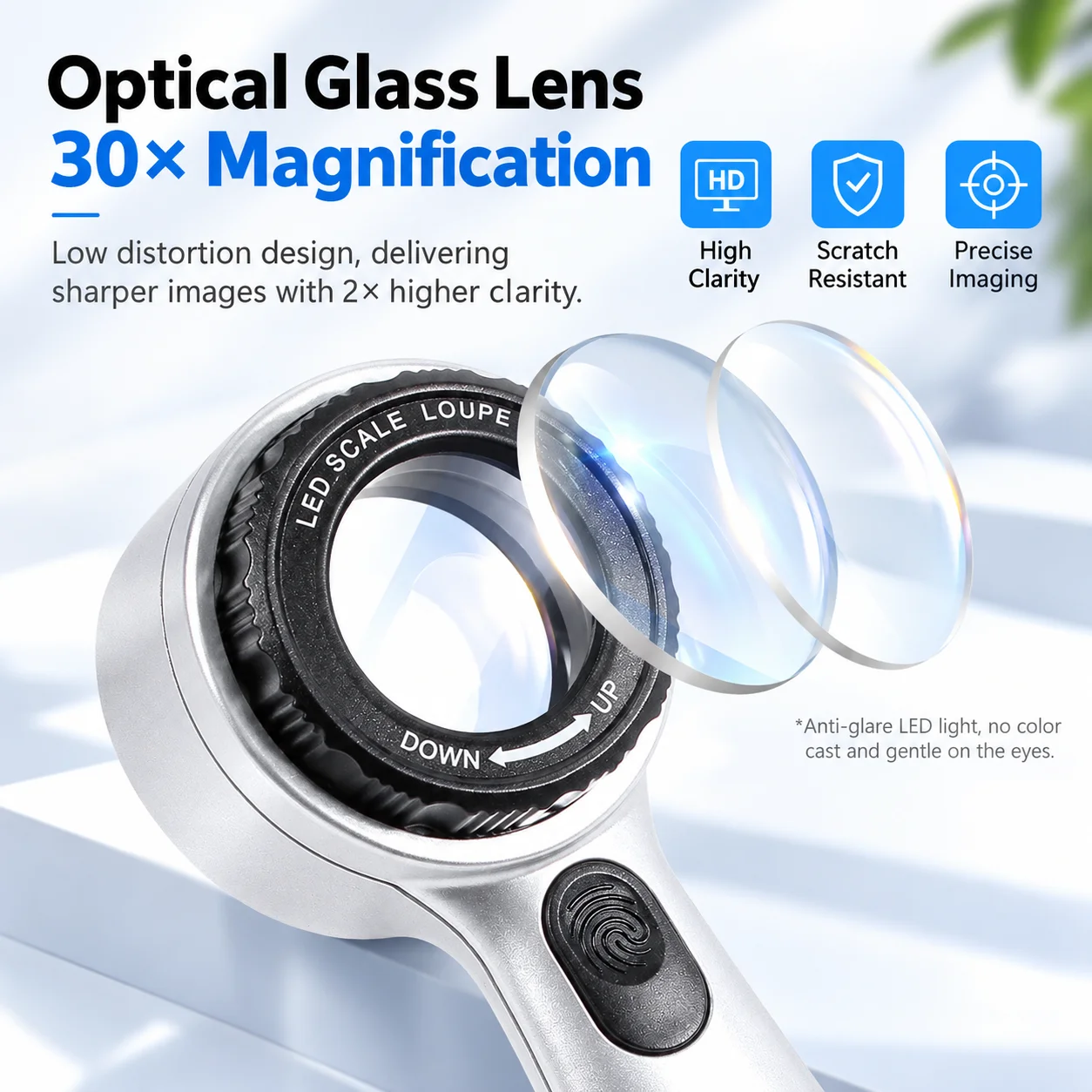 30X Rechargeable Handheld Magnifier 4 Color LED Light Touch Focus Scale Loupe for Jewelry Antiques Coins Stamps Collection