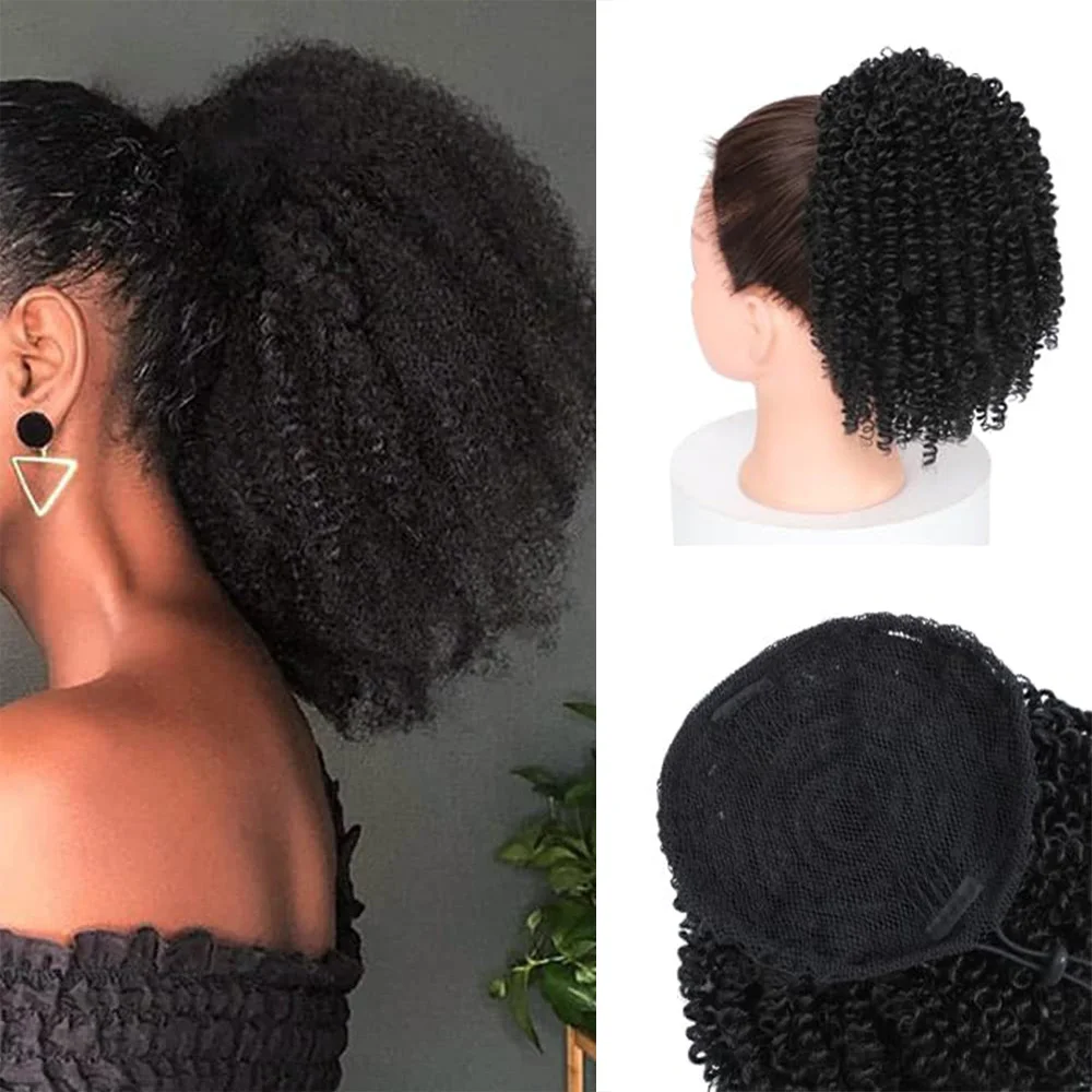 وصلة ذيل حصان صناعية برباط منتفخ أفريقي للنساء ذوات البشرة السمراء، مشبك أفرو مجعد قصير على كعكة برباط غريب