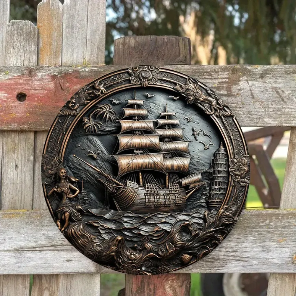 8in &11.8in 1pcRound Metal Aluminum Pirate Ship Wall Art - 3D Metal Decoration for Home, Office, or Coffee Shop