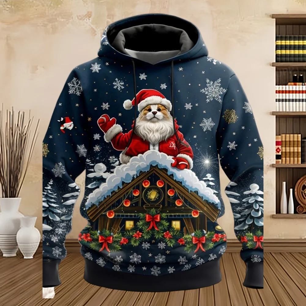 2025 جديد هوديي سانتا كلوز الرجال الموضة ثلاثية الأبعاد طباعة عطلة الشارع الشهير عيد الميلاد هوديس مقنعين الكنغر جيب مصمم البلوز #4