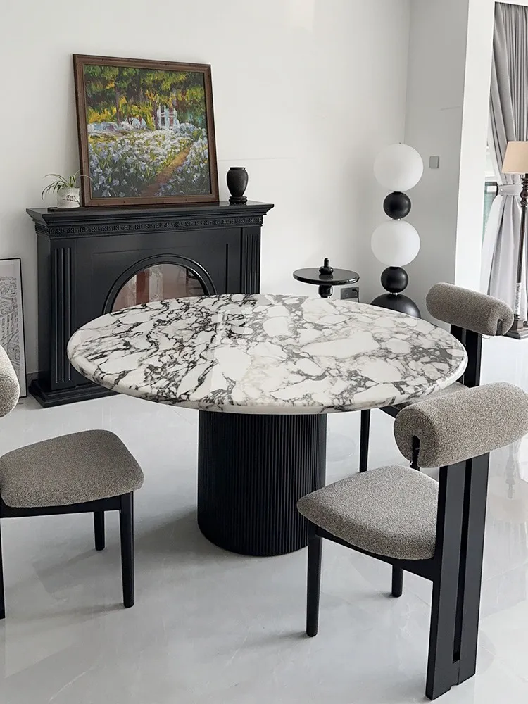 Mesa de Comedor Redonda de Mármol Bulgari, Estilo Francés de Mediados de Siglo, Borde Biselado de 36 mm, Lazy Susan de 360°, Esquinas Redondeadas, Ecológica y Compacta