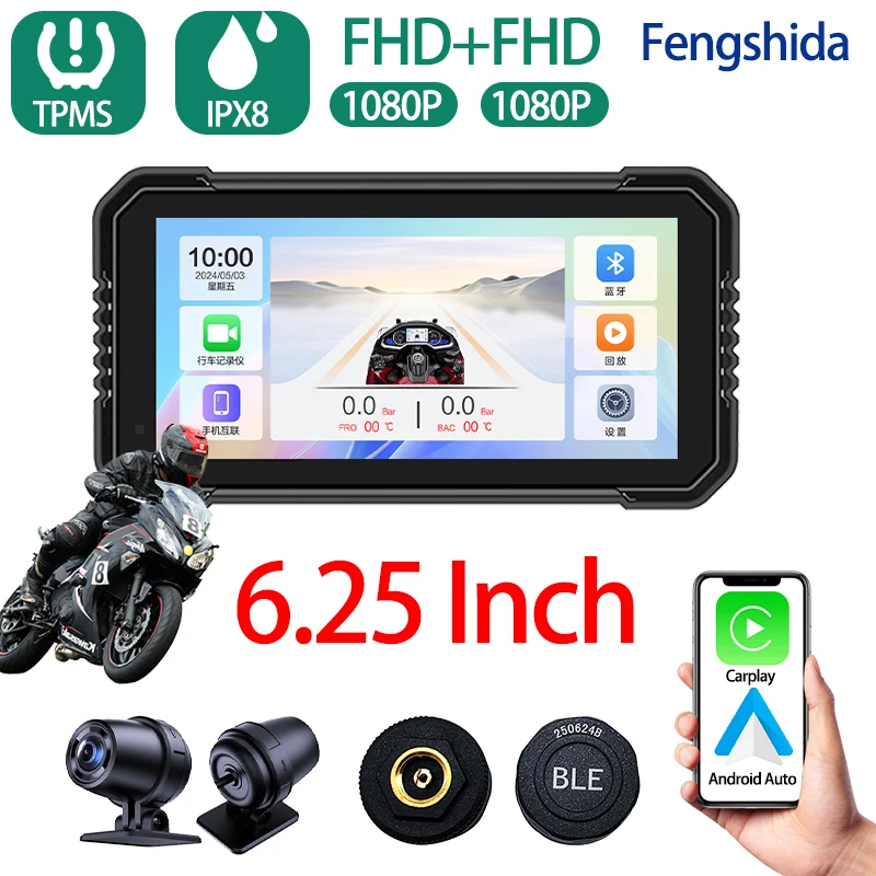 

Motorcycle Carplay Water Proof WiFi Wireless Android-Auto DVR Monitor Dash Camera GPS Navigation TPMS Bluetooth