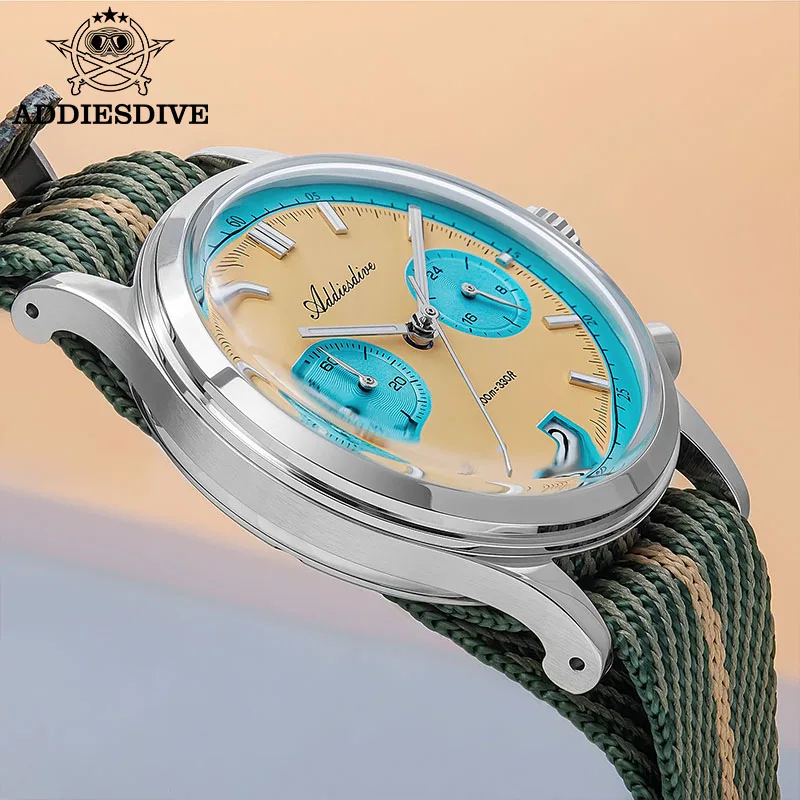 

ADDIESDIVE VK64 Movement Watch of Men 60min Chronograph Quartz Wristwatch Bubble Mirror Glass Luminous Simple 38mm Men's Watches