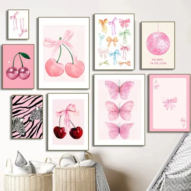 1PC frameless decorative art print,Minimalist Trendy Watercolor Pink Bows Cherry Disco Ball Zebra Wall Art Posters and Prints Ca