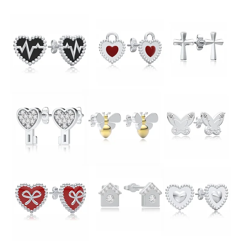 FC Jewelry 925 Silver Animal Cross Heartbeat Lock Stud Earrings For Women Mother Brincos Prevent Allergy Piercing Pendientes New