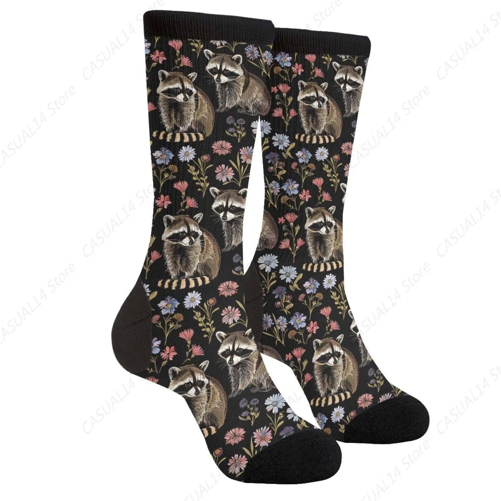 

Raccoons Flowers Socks For Men Women Funny Novelty Crew Socks Gifts