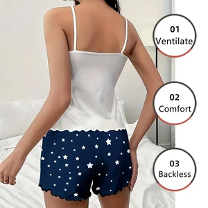 2 PCs weiblicher Pyjamas Pyjamas Kurzarm Set Shorts Seening Anzug Blue Moon Stern Drucklüftung Soft Comfort House Freizeit 8 Hauptverkauf Pijama Star - №2