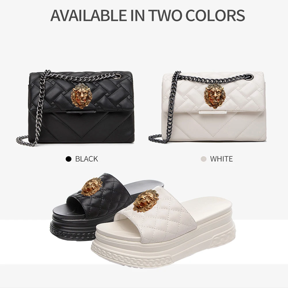 

High-end bag and slippers set, fish-mouthed back hollowed-out lion cooling slippers, brand slippers chain bag set t59