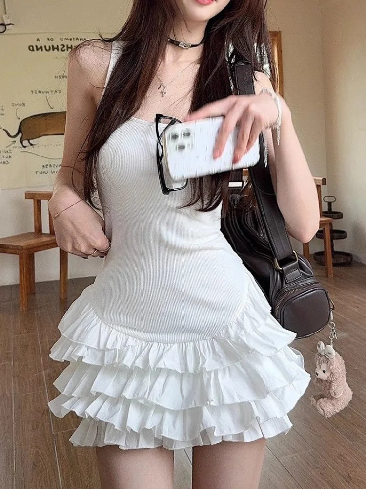 Mini abiti sexy senza maniche con scollo a U Moda donna Estate Nuovo bianco solido Y2K Ruffle torta pieghettata aderente Abiti da festa casual