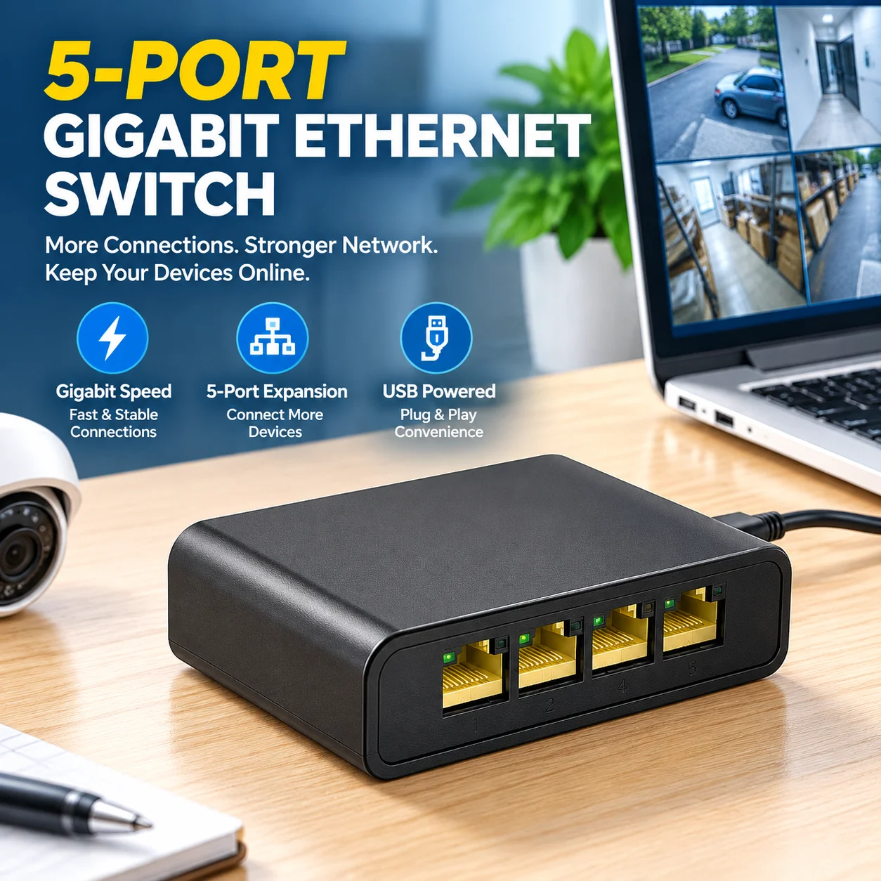 5-Port Gigabit Ethernet Switch Desktop Adaptive Network Hub USB Powered Network Splitter for Security Monitoring System