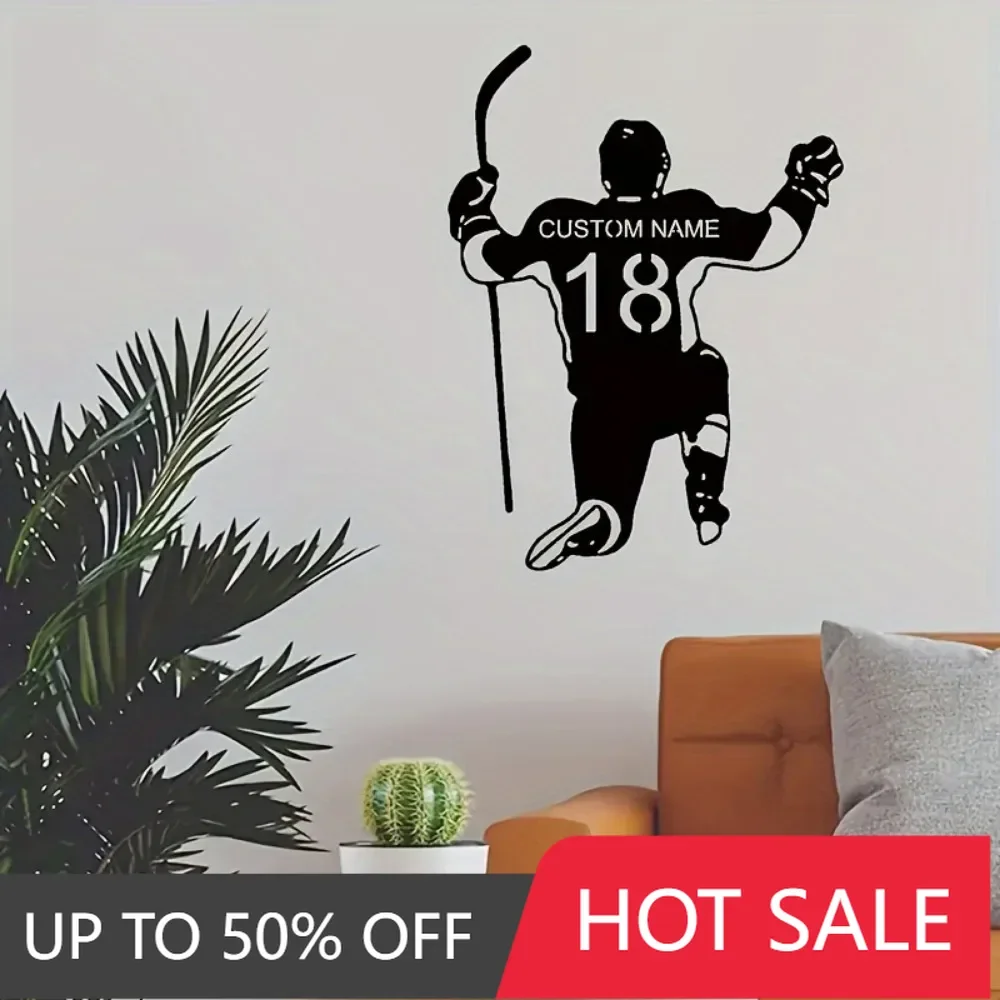 1PC Custom Tailorable Vintage Hockey Player Metal Wall Decor Personalize Black Matte Detachable Reusable Addressable Text Sign