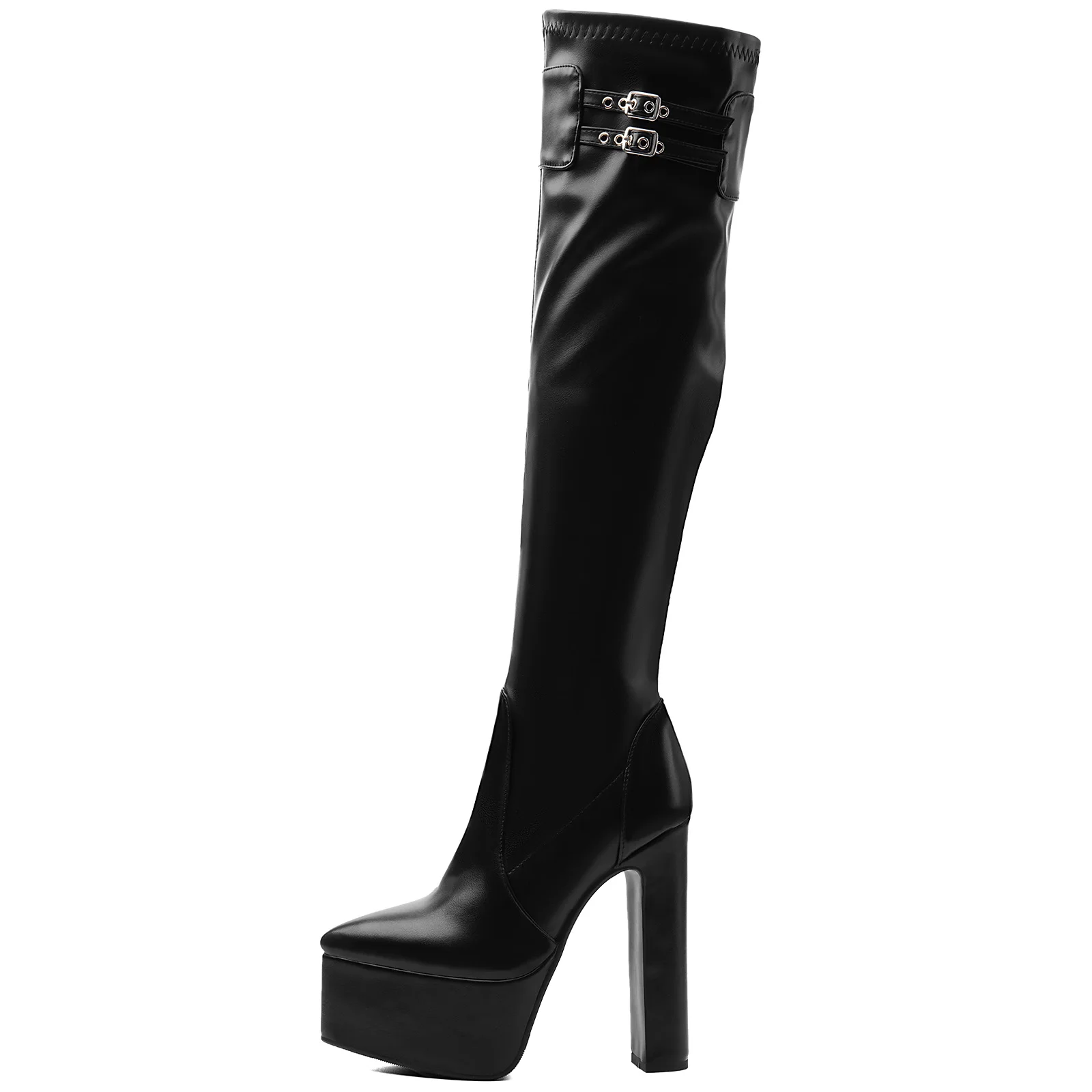 Black Leather Platform Knee High Boots Women Pointed Toe Double Metal Buckle Chunky High Heels Side Zip Nightclub Party Shoes