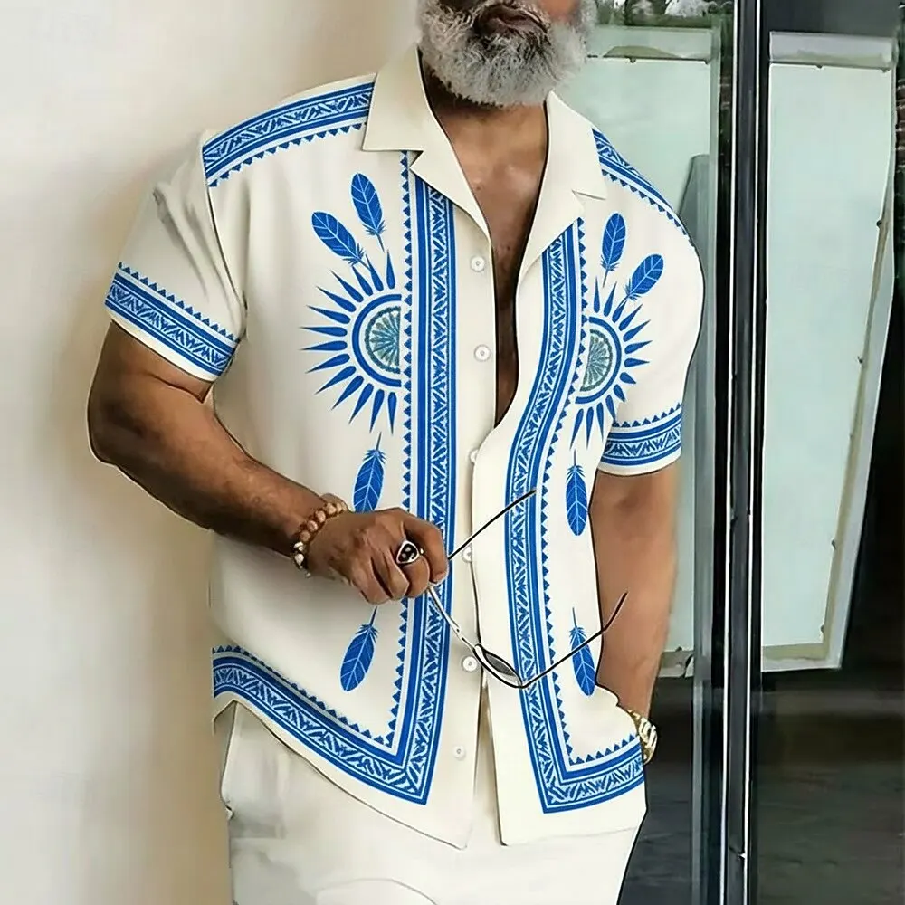 Men's Fashion Streetwear Ethnic Shirt, Geometric Sun Totem 3D Print Collar Short Sleeve, Spring & Summer Vacation Outfits