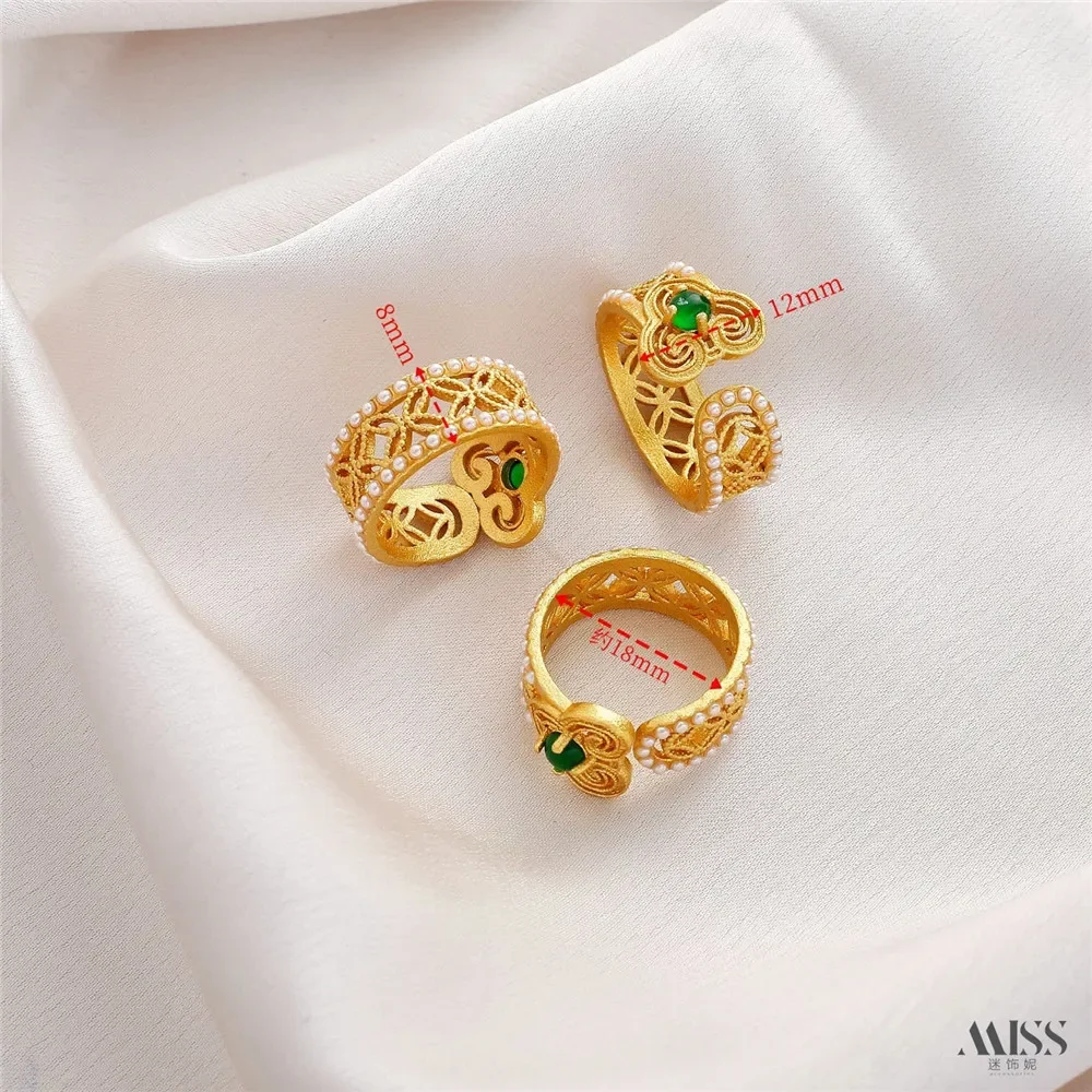 18K Sand Gold Filigree Fancy Hollow Ruyi Ring Inlaid with Imitation Jadeite Chalcedony Pearl Antique Live Ring