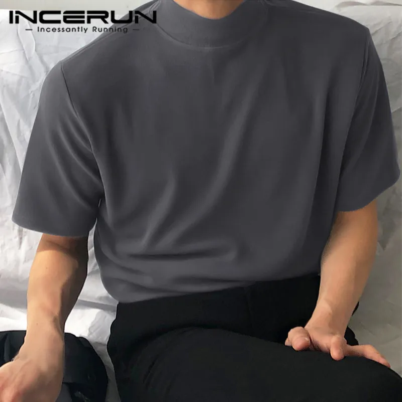 INCERUN Men T Shirt Turtleneck Solid Color Short Sleeve 2024 Summer Korean Casual Tee Tops Streetwear Fashion Men Clothing S-5XL